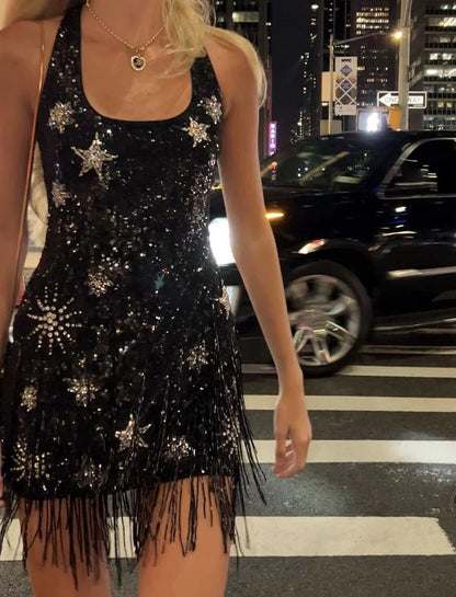 Sparkling Tassel Square Neck Star Sequin Open Back Homecoming Dress DP5754