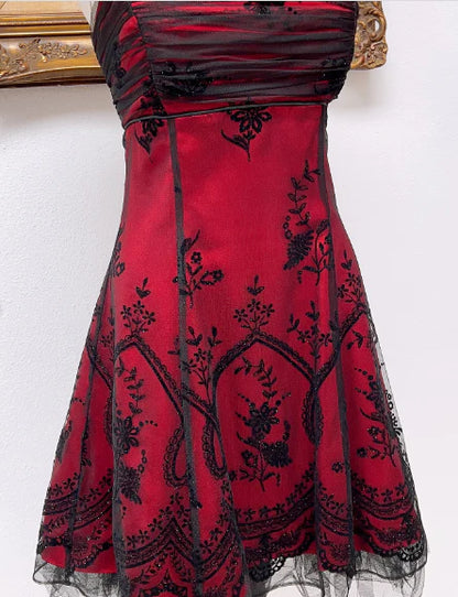 Vintage Black Tulle Lace Pink Satin A-line Birthday Short Skirt Homecoming Dress DP5751