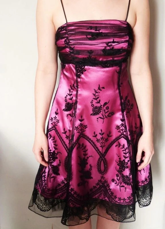 Vintage Black Tulle Lace Pink Satin A-line Birthday Short Skirt Homecoming Dress DP5751