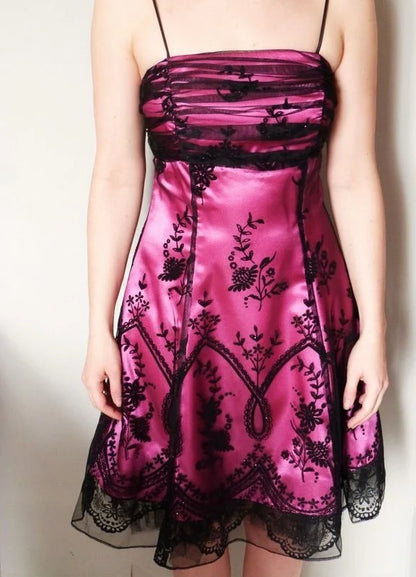 Vintage Black Tulle Lace Pink Satin A-line Birthday Short Skirt Homecoming Dress DP5751