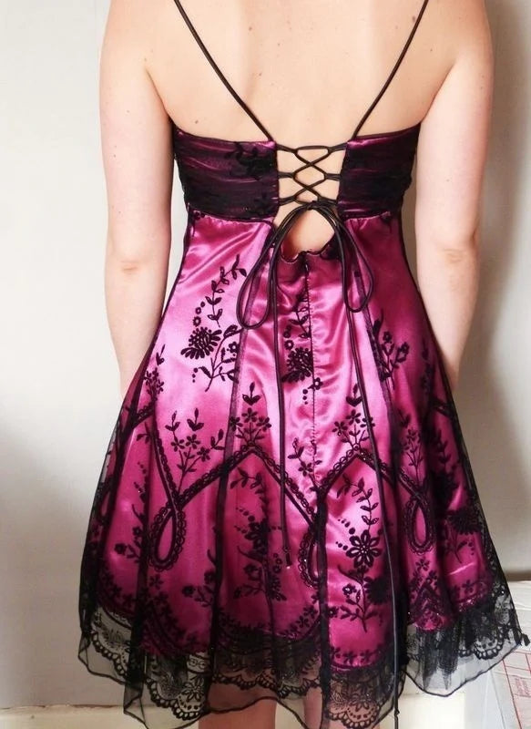 Vintage Black Tulle Lace Pink Satin A-line Birthday Short Skirt Homecoming Dress DP5751