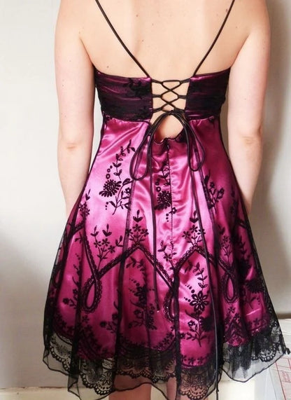 Vintage Black Tulle Lace Pink Satin A-line Birthday Short Skirt Homecoming Dress DP5751