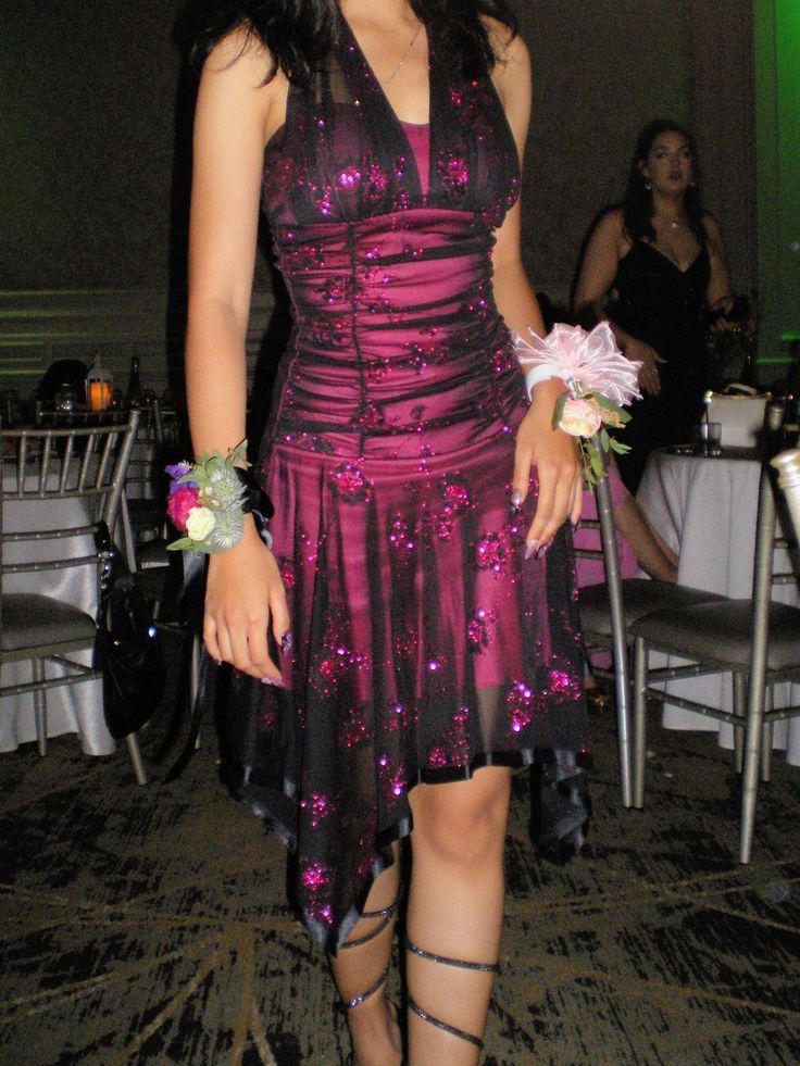 Sexy Pink Black Tulle Sequined Halter Neck Irregular 19th Birthday Homecoming Dress DP5752