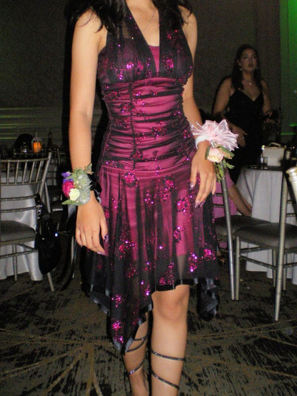 Sexy Pink Black Tulle Sequined Halter Neck Irregular 19th Birthday Homecoming Dress DP5752
