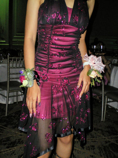 Sexy Pink Black Tulle Sequined Halter Neck Irregular 19th Birthday Homecoming Dress DP5752