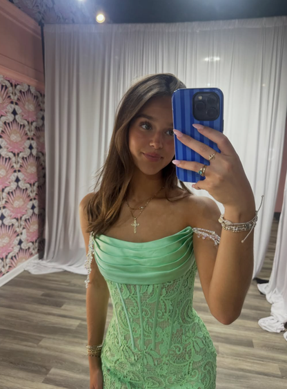 Green Sheath Beaded Straps Satin Lace Short Prom Dress Homecoming Dress DP7124