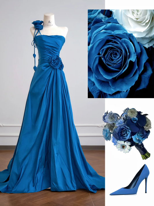 Classic Blue Ball Gown One Shoulder Floral Satin Prom Dress Wedding Guest Dress DP3877