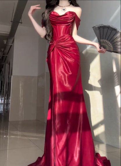 Elegant Burgundy Mermaid Off the Shoulder Satin Slit Prom Dress Graduation Ball Gown DP4561