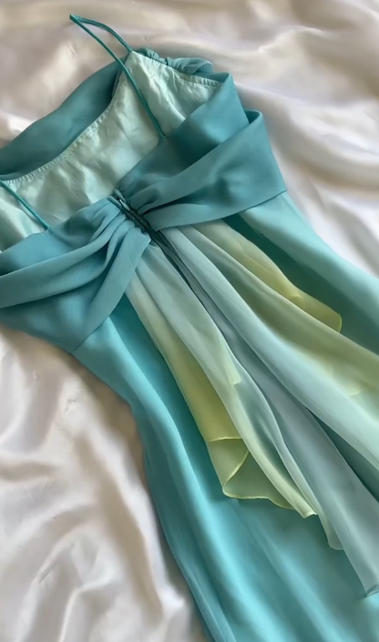 Vintage Blue Green Ombre A Line Straps Chiffon Long Prom Dress DP5083