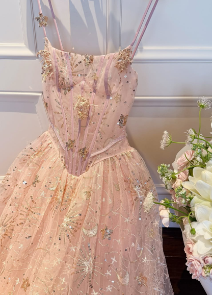Dreamy Pink A Line Spaghetti Straps Embroidered Beaded Tulle Prom Dress Evening Dress DP6135