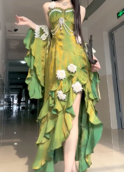 Stunning Green Mermaid Strap Rose Layered Satin Prom Dress Graduation Ball Gown DP4560