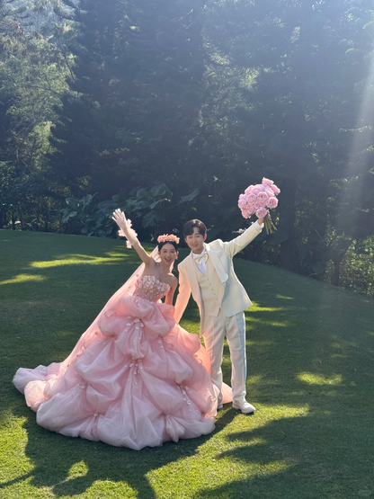 Pink Vintage Ball Gown Strapless Floral Layered Tulle Prom Dress Party Dress DP5010