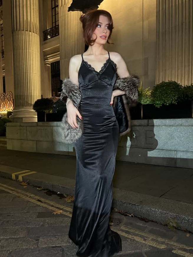 Sexy Sheath Spaghetti Strap Lace Satin Long Prom Dress Wedding Guest Dress DP4319