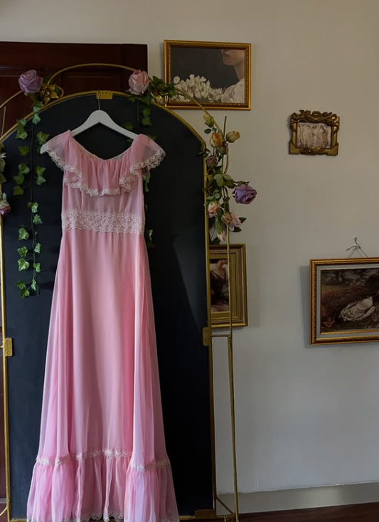 Princess Pink A Line Straps Lace Chiffon Long Prom Dress Evening Dress DP5128