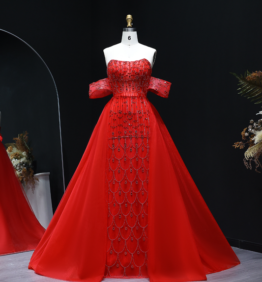 Charming A Line Off the Shoulder Beaded Tulle Prom Dress Evening Dress DP1921