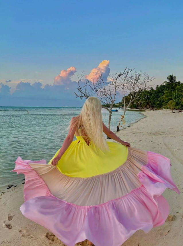 Pink Yellow A Line Spaghetti Strap Satin Vacation Dress Outfits DP3284