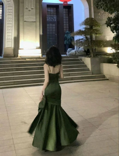 Sexy Mermaid Straps Green Party Dresses Satin Long Prom Dresses DP4127