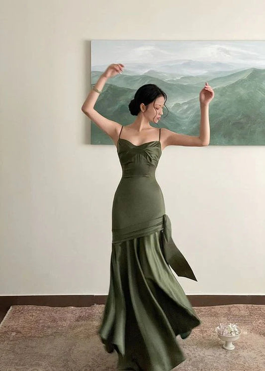 Sexy Mermaid Straps Green Party Dresses Satin Long Prom Dresses DP4127
