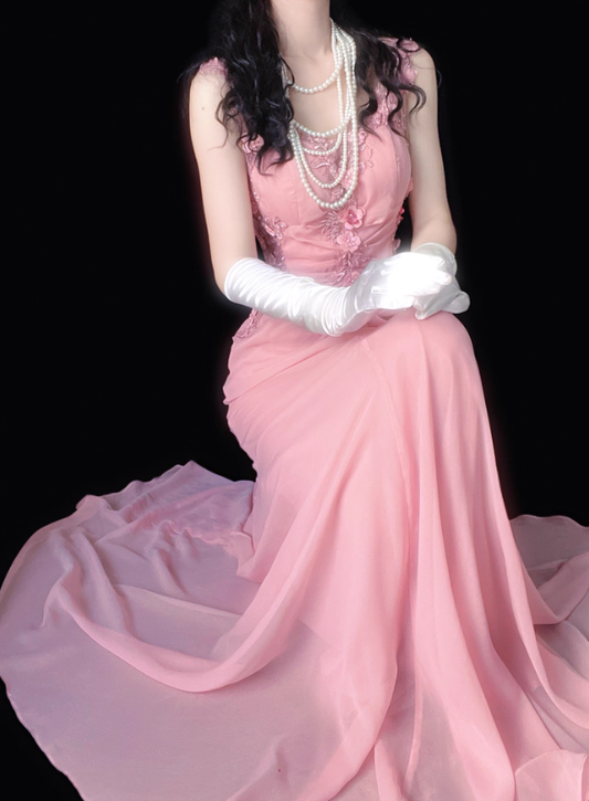 Elegant Pink A Line Spaghetti Strap Appliques Beaded Satin Backless Prom Dress DP4696
