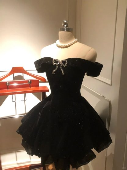 Cute A Line Off the Shoulder Bow Black Velvet Short Homecoming Dress Cocktail Dress DP2566