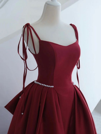 Burgundy Satin Long Prom Dress, A-Line Evening Dress With Bow  DP103