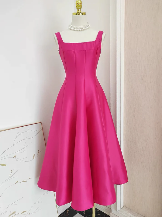 Simple Hot Pink A Line Satin Homecoming Dress Short Prom Dress DP237