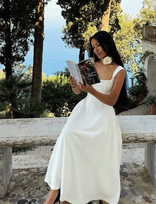 Simple A Line Straps White Satin Long Prom Dress Evening Dress DP1377