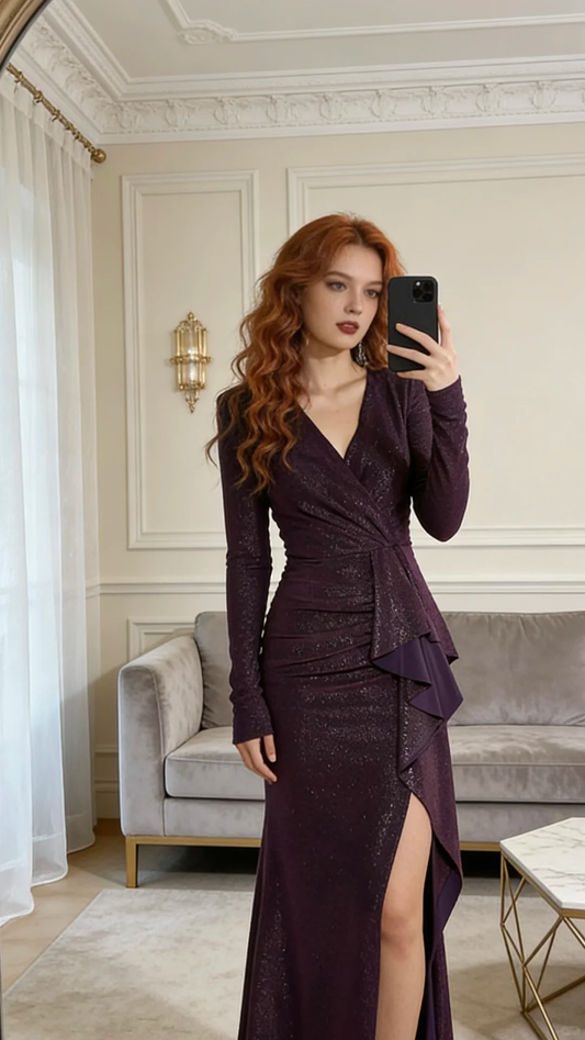 Elegant Dark Purple Mermaid Long Selvee Sequin Prom Dress Evening Dress with Slit DP5150