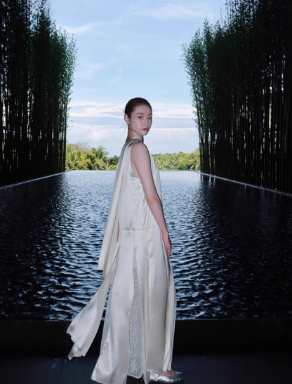 Stunning Flowy White A Line Satin Prom Dress Wedding Guest Dress DP4489