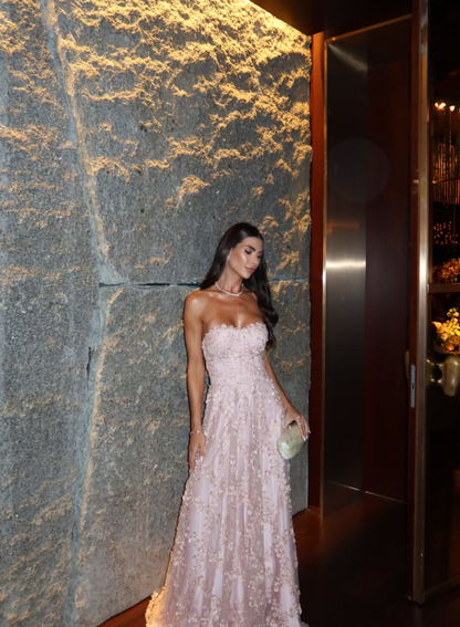 Light Pink A Line Strapless 3D Floral Tulle Long Prom Dress Evening Dress DP6222