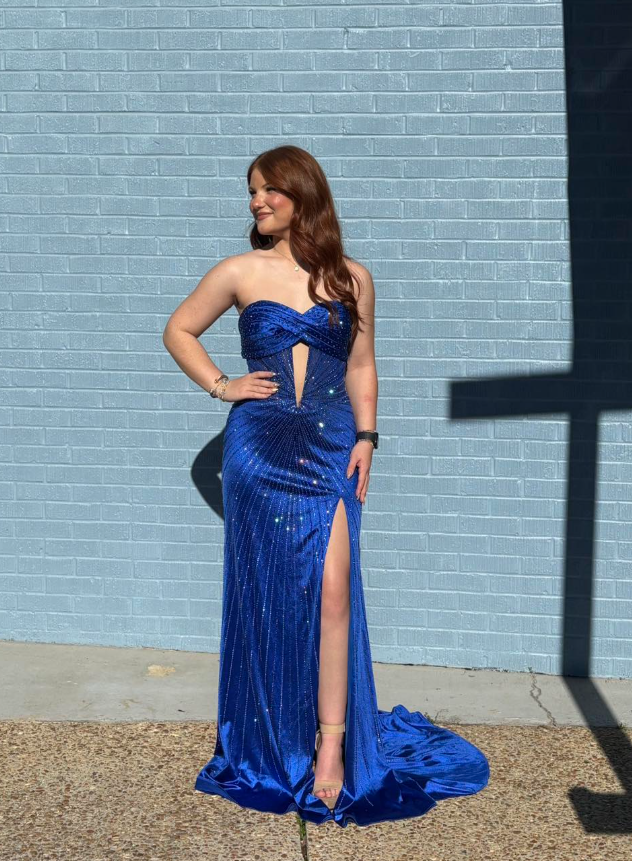 Elegant Navy Blue Sheath Sweetheart Neck Beaded Satin Slit Long Prom Dress Evening Dress DP6260