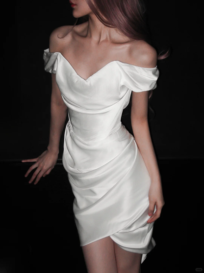 Simple A Line Off the Shoulder White Satin Short Wedding Dress DP5307