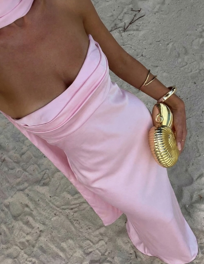 Sweety Light Pink Sheath Strapless Pleated Satin Long Bridesmaid Dress DP5098