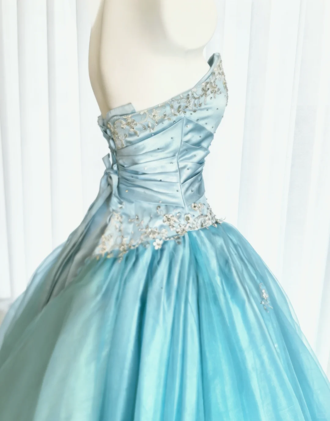 Vintage A Line Strapless Beaded Baby Blue Satin Tulle Prom Dress Evening Dress DP4726