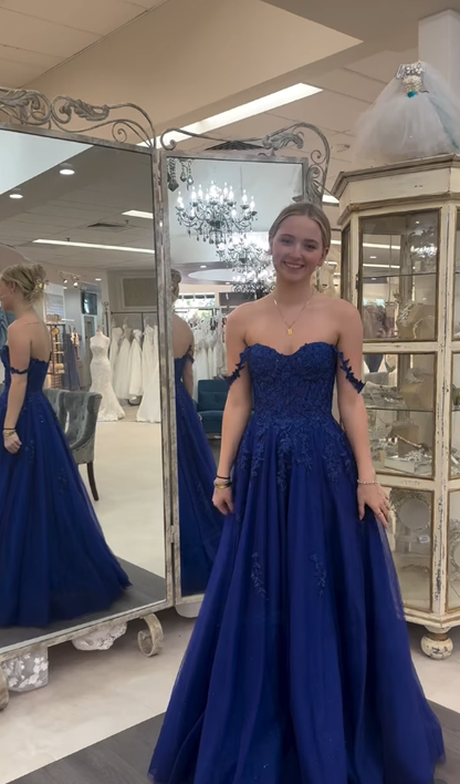Navy Blue A Line Straps Appliques Tulle Long Prom Dress Evening Dress DP5945