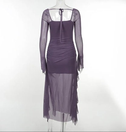 Grape Purple A Line Long Sleeve Ruffle Tulle Homecoming Dress Date Dress Outfits DP3105