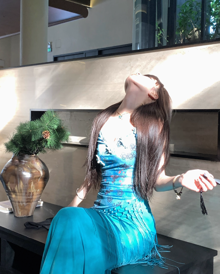 Blue Print Floral Mermaid Spaghetti Straps Chiffon Long Date Dress Party Dress Outfits DP3426