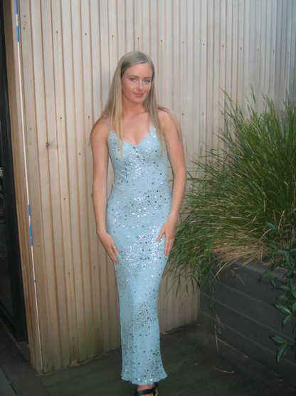 Baby Blue Sheath Spaghetti Straps Sequin Beaded Chiffon Prom Dress Wedding Guest Dress DP4935