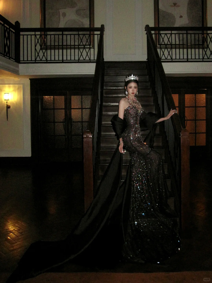 Black Sexy Mermaid Sweetheart Neck Beaded Tulle Prom Dress 16th Birthday Dress DP4248