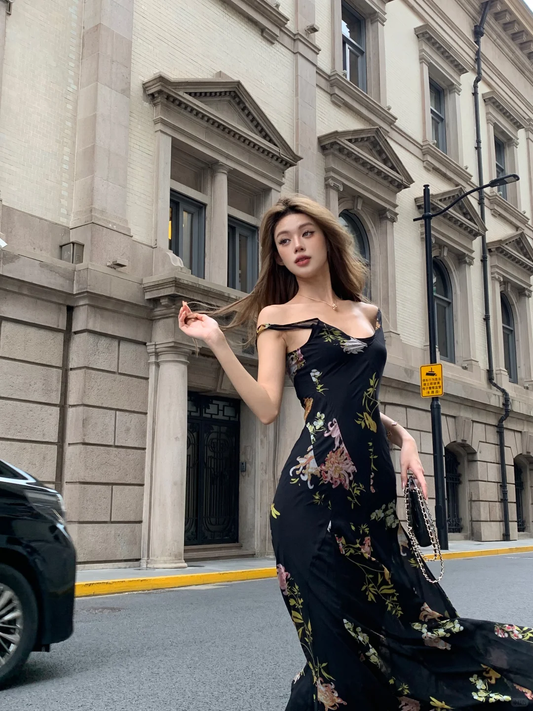 Charming A Line Spaghetti Strap Print Floral Black Chiffon Prom Dress Outfits DP4000