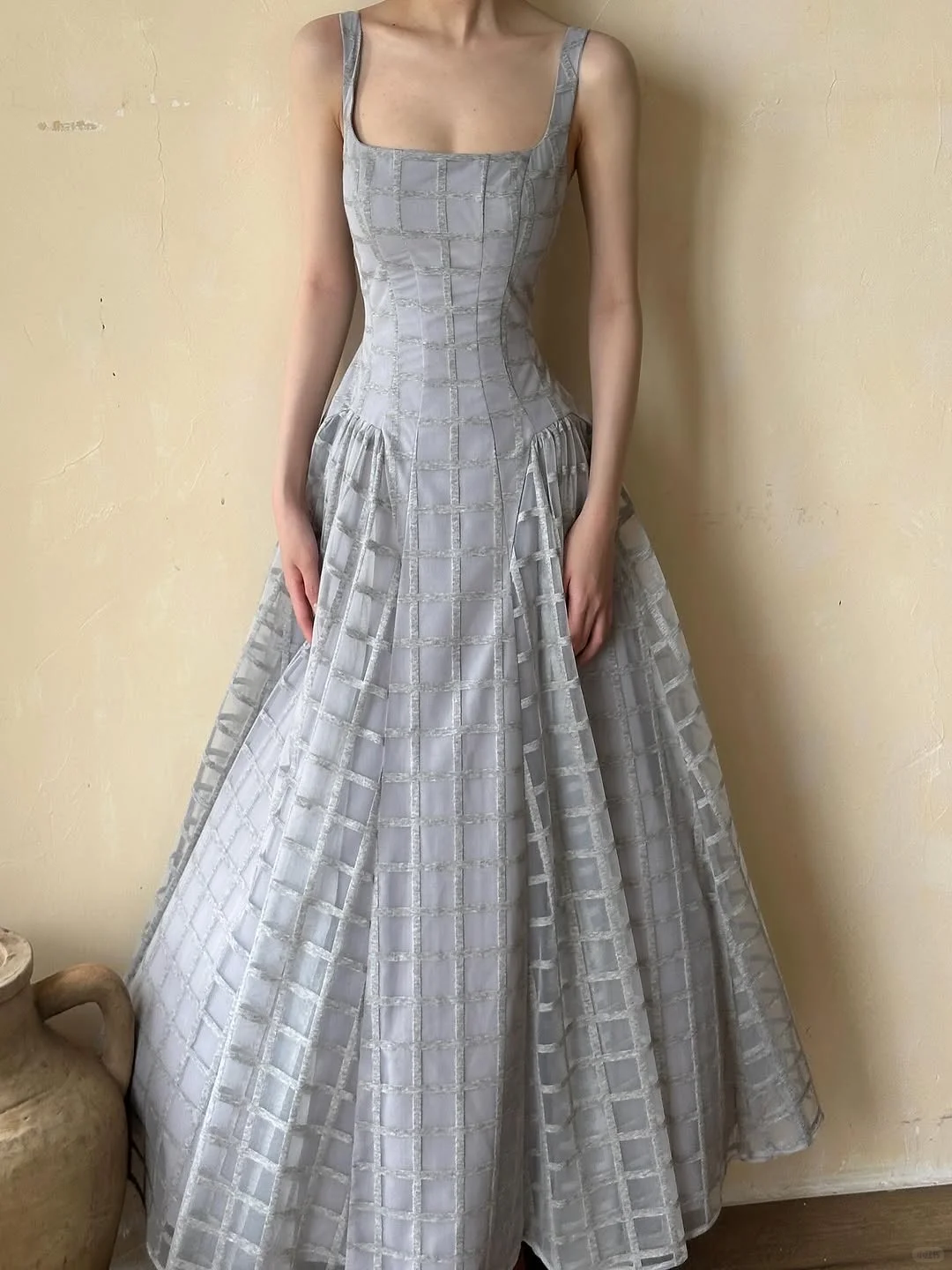 Grey A Line Strap Unique Tulle Long Prom Dress Party Dress Outfits DP4532
