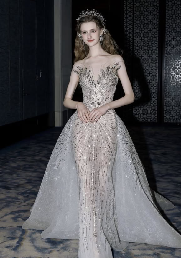 Silver Sequin Ball Gown V Neck Exquisite Beaded Tulle Long Prom Dress DP4389