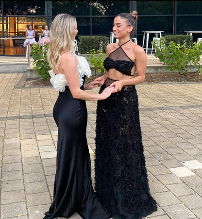 Elegant Black-white Mermaid Strapless Satin Long Prom Dress Evening Dress DP7469