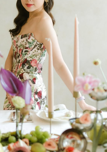 Vintage Mermaid Strapless Print Floral Satin Prom Dress Outfits DP4378