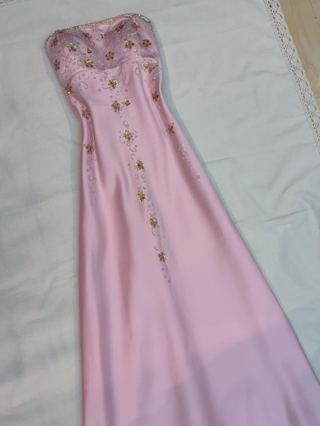 Pink A Line Strapless Sequin Beaded Satin Prom Dress Evening Dress DP1608