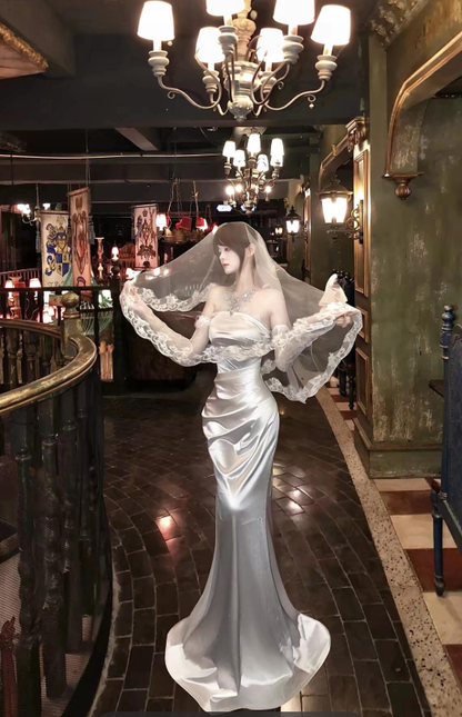 Gentle Mermaid Long Sleeve White Lace Satin Long Wedding Dress Prom Dress DP4410