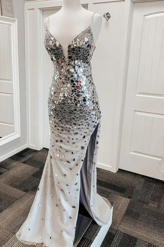 Mermaid Spaghetti Strap Silver Satin Long Prom Dress with Slit DP1118