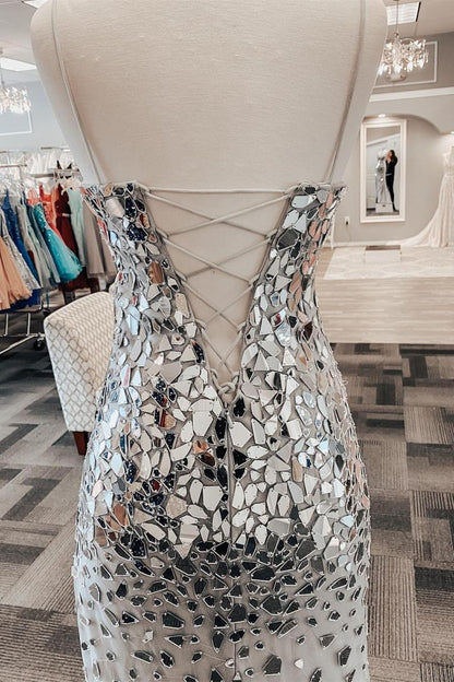 Mermaid Spaghetti Strap Silver Satin Long Prom Dress with Slit DP1118