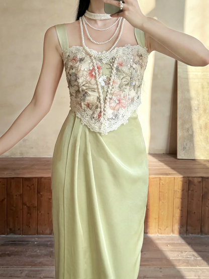 Vintage Sheath Straps Beaded Green Satin Prom Dress Evening Dress DP6458