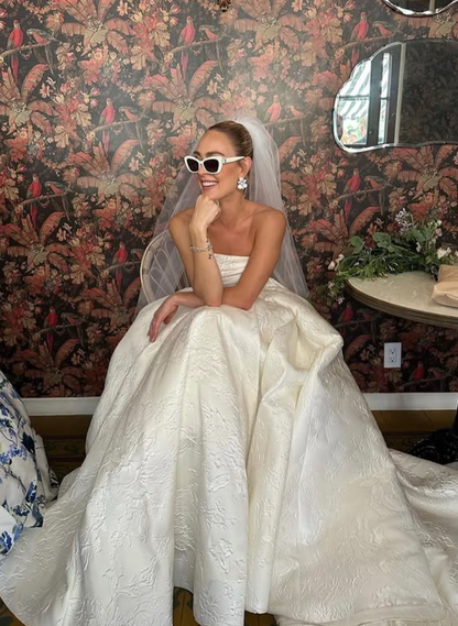 Elegant A Line Strapless White Print Floral Satin Wedding Dress DP5308